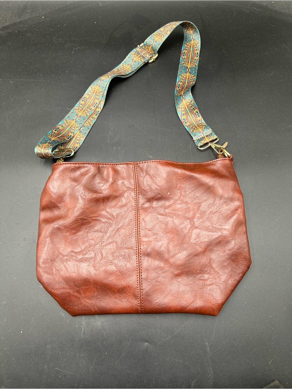 Women's Brown faux Leather Crossbody Bag with Patterned Strap